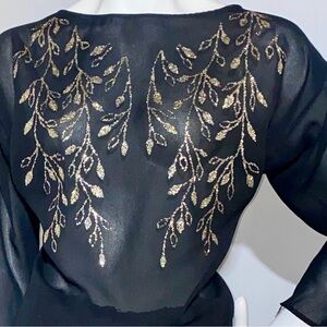 Elegant Long Sleeve Gold Leaf Overlay on Sheer Black Blouse